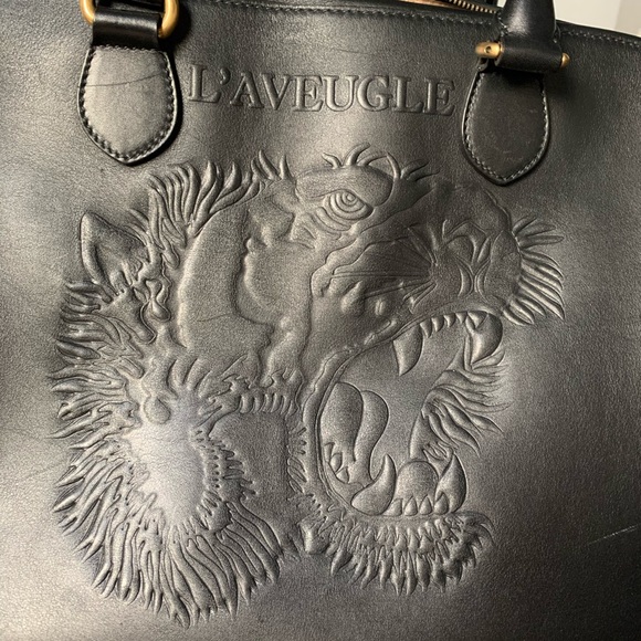 Gucci black leather Rajah tiger top handle tote overnight bag weekender - Picture 9 of 16